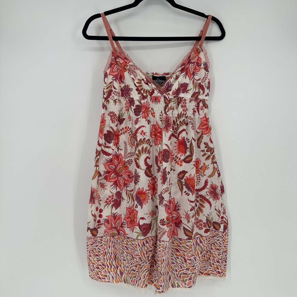 Angie Pink Purple Floral Cami Ruffle Smocked Mini Dress Cotton Boho 2000s Y2K  M